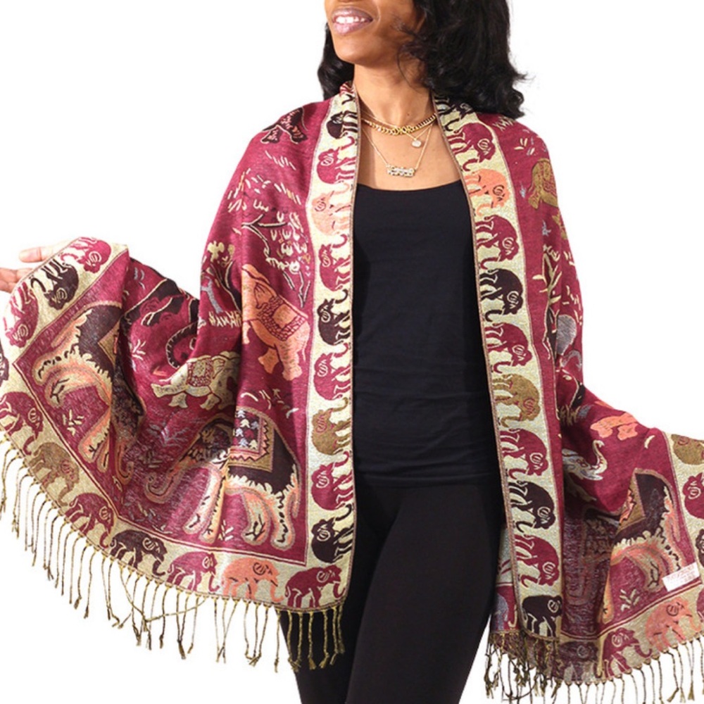 Pink and GoldPatterned Scarf with Fringe - Picture 2 of 5